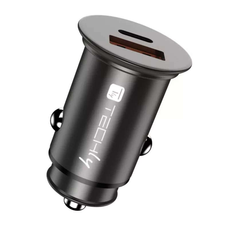 Techly Mini Car Charger USB-A and USB-C Quick Charge 3.0 38W in Black Metal