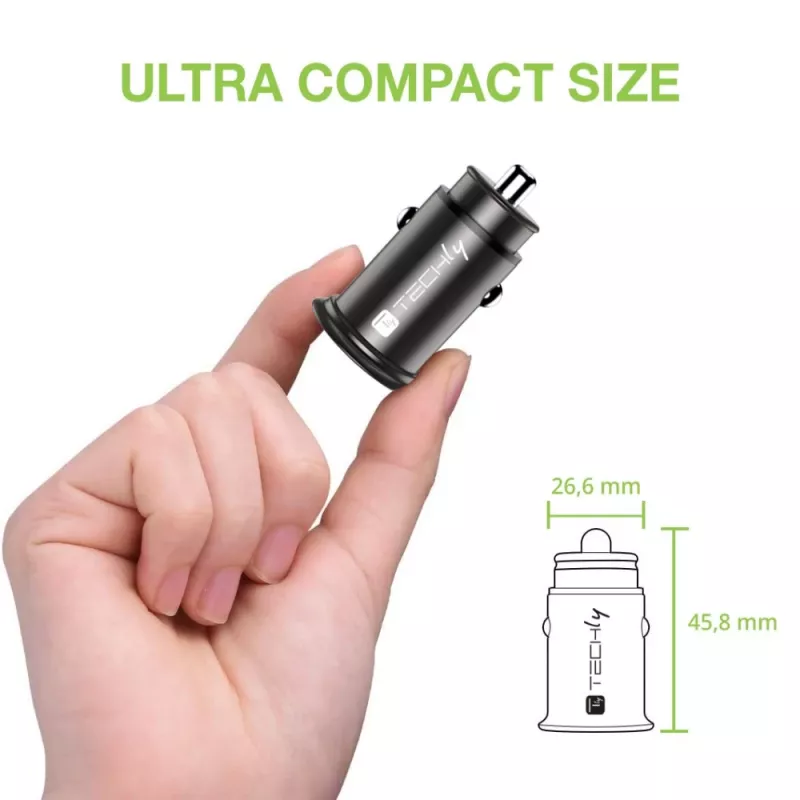 Techly Mini Car Charger USB-A and USB-C Quick Charge 3.0 38W in Black Metal