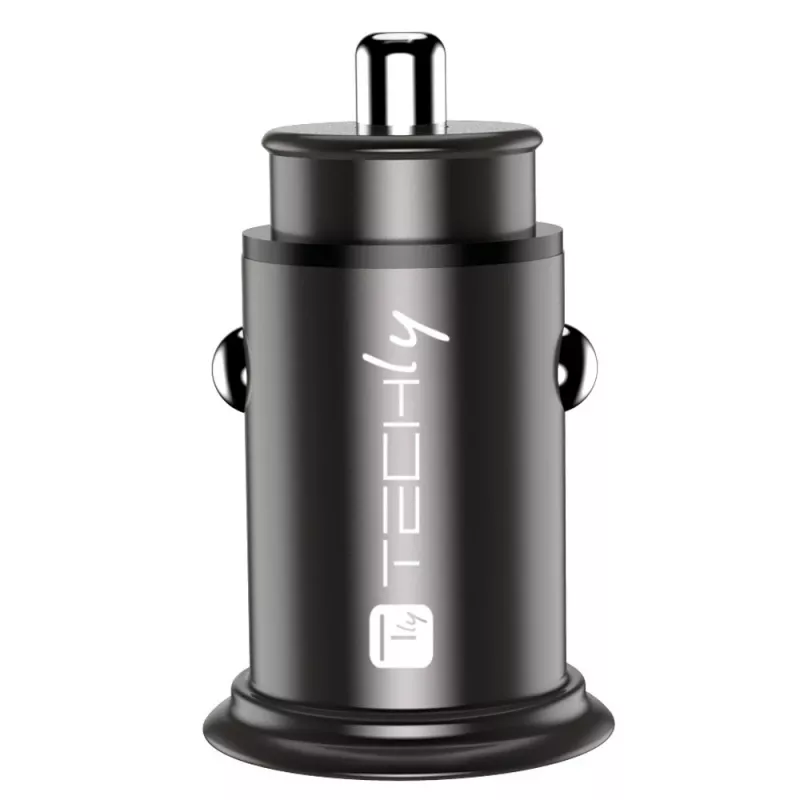 Techly Mini Car Charger USB-A and USB-C Quick Charge 3.0 38W in Black Metal