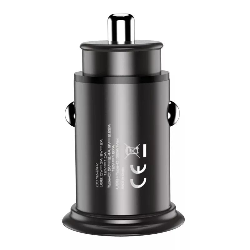 Techly Mini Car Charger USB-A and USB-C Quick Charge 3.0 38W in Black Metal