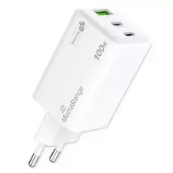 Mobile device charger MediaRange MRMA123 — Indoor AC fast charger for laptop, smartphone, tablet, 100–240V, 2× USB-C, 20V max, white