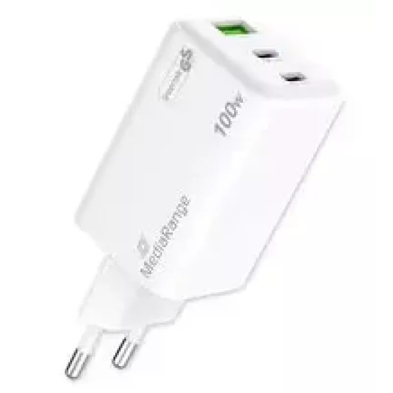 Mobile device charger MediaRange MRMA123 — Indoor AC fast charger for laptop, smartphone, tablet, 100–240V, 2× USB-C, 20V max, white