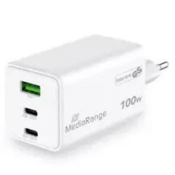 Mobile device charger MediaRange MRMA123 — Indoor AC fast charger for laptop, smartphone, tablet, 100–240V, 2× USB-C, 20V max, white