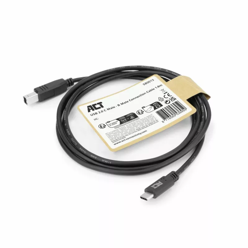 ACT USB 2.0 cable, USB-C to USB-B, 1.8 meters