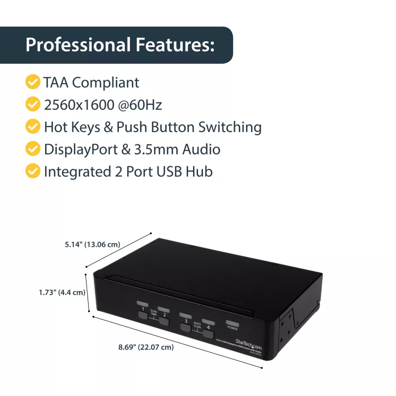 StarTech.com 4 Port USB DisplayPort KVM Switch with Audio, 3840 x 2400 pixels, Black