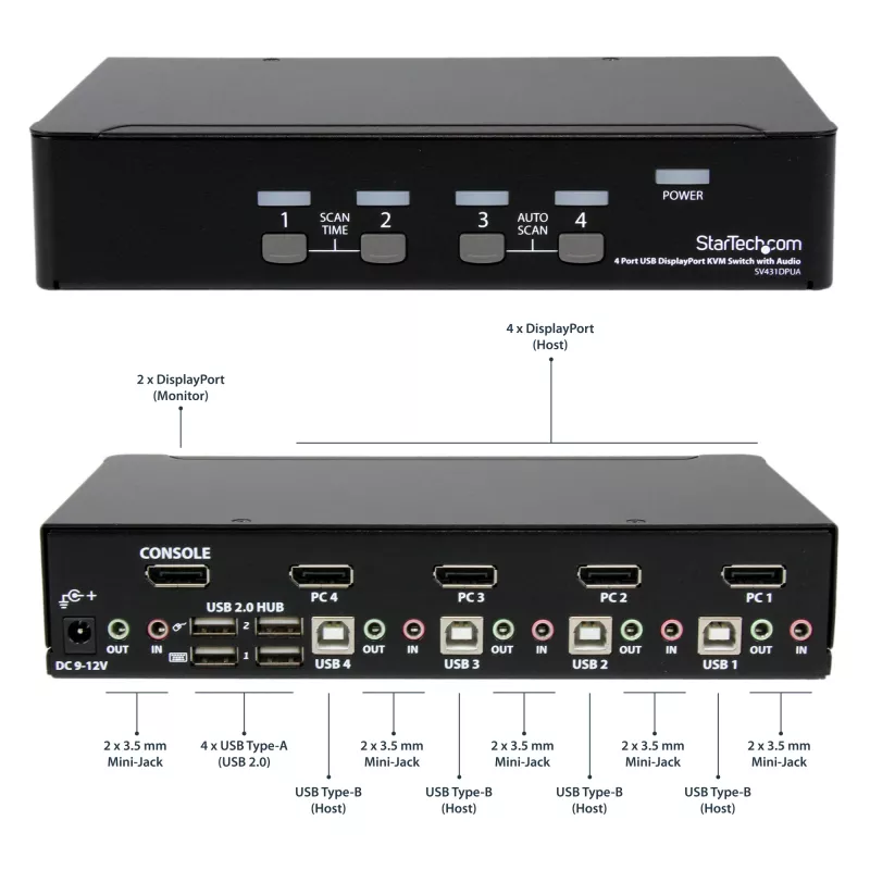 StarTech.com 4 Port USB DisplayPort KVM Switch with Audio, 3840 x 2400 pixels, Black