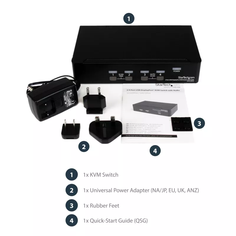 StarTech.com 4 Port USB DisplayPort KVM Switch with Audio, 3840 x 2400 pixels, Black