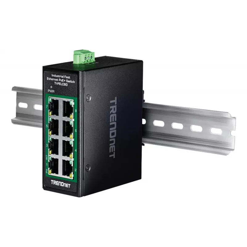 Unmanaged Fast Ethernet PoE Switch TRENDnet TI-PELC80 — 8x 10/100 Mbps RJ-45, IEEE 802.3af/at, 48–56V DC, wall-mountable