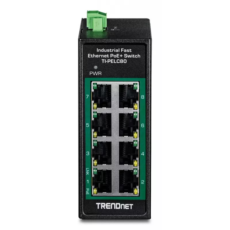 Unmanaged Fast Ethernet PoE Switch TRENDnet TI-PELC80 — 8x 10/100 Mbps RJ-45, IEEE 802.3af/at, 48–56V DC, wall-mountable