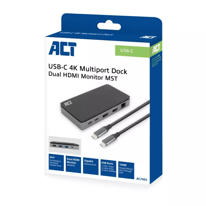 ACT USB-C 4K MST docking station for 2 HDMI monitors, Ethernet, USB-C, 3x USB-A, PD pass-through and 1 meter detachable connection cable