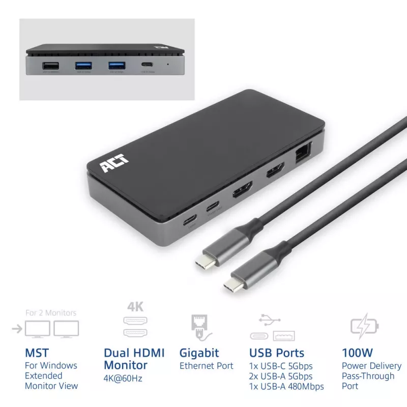 ACT USB-C 4K MST docking station for 2 HDMI monitors, Ethernet, USB-C, 3x USB-A, PD pass-through and 1 meter detachable connection cable