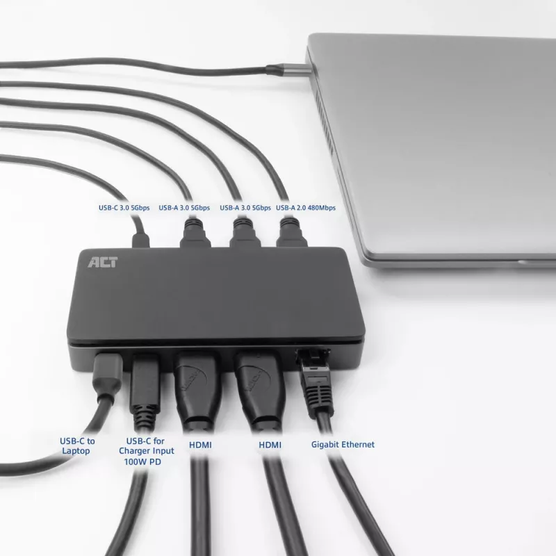 ACT USB-C 4K MST docking station for 2 HDMI monitors, Ethernet, USB-C, 3x USB-A, PD pass-through and 1 meter detachable connection cable