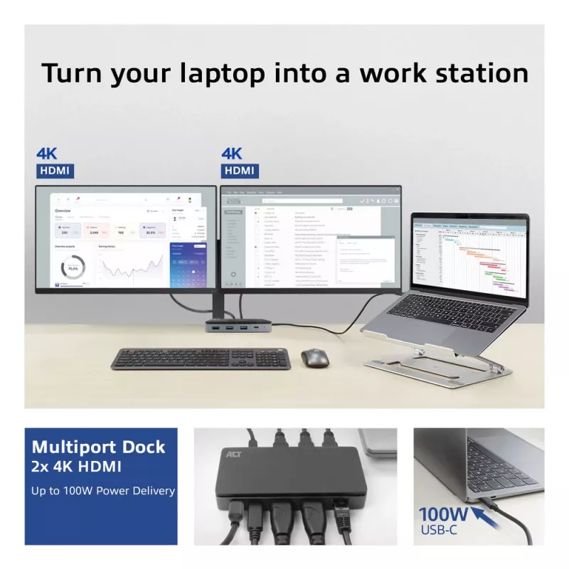 ACT USB-C 4K MST docking station for 2 HDMI monitors, Ethernet, USB-C, 3x USB-A, PD pass-through and 1 meter detachable connection cable