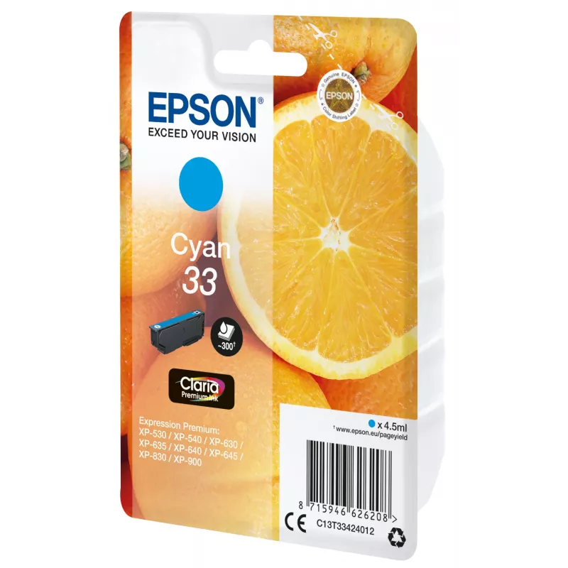 Epson Oranges Singlepack Cyan 33 Claria Premium Ink, Cyan, 4.5 ml, 1 pc(s), 300 pages