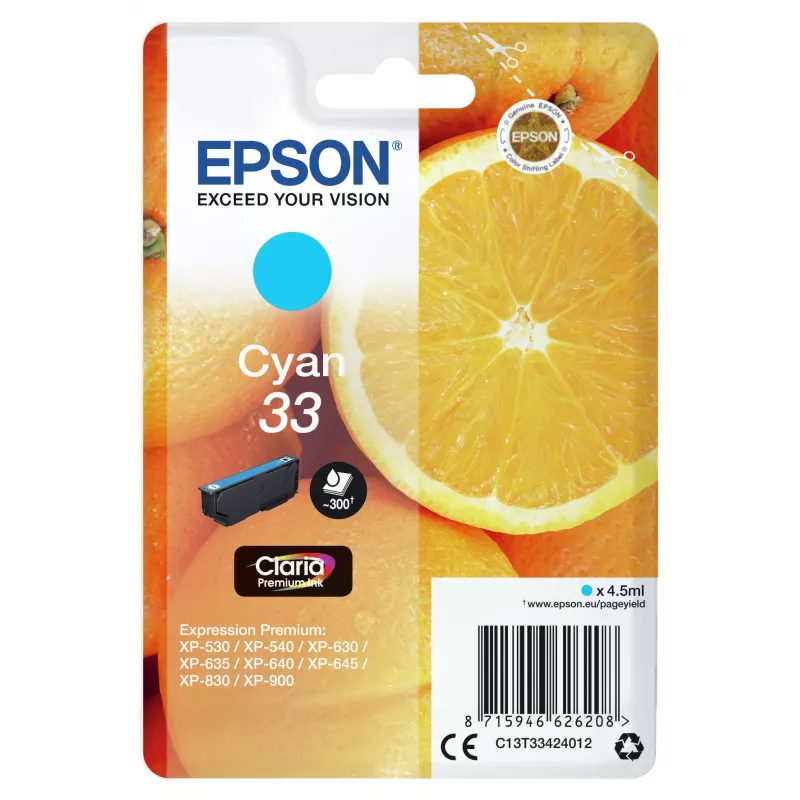 Epson Oranges Singlepack Cyan 33 Claria Premium Ink, Cyan, 4.5 ml, 1 pc(s), 300 pages