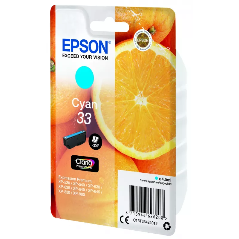 Epson Oranges Singlepack Cyan 33 Claria Premium Ink, Cyan, 4.5 ml, 1 pc(s), 300 pages