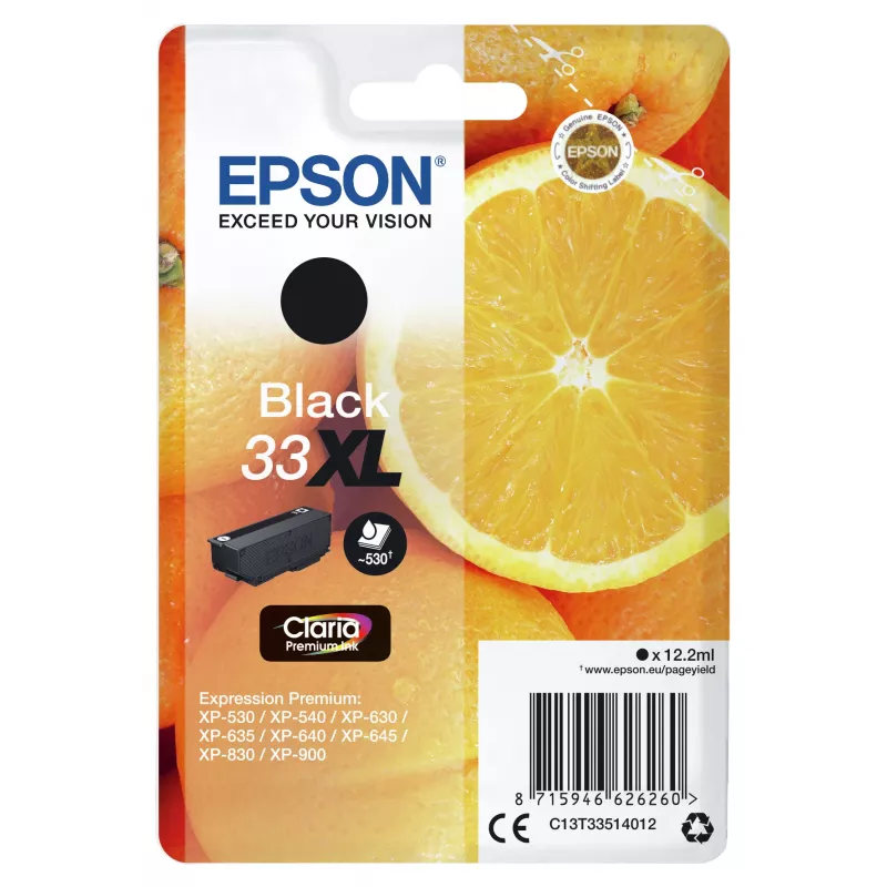 Epson Oranges Singlepack Black 33XL Claria Premium Ink, High (XL) Yield, Black, Pigment-based ink, 12.2 ml, 1 pc(s)