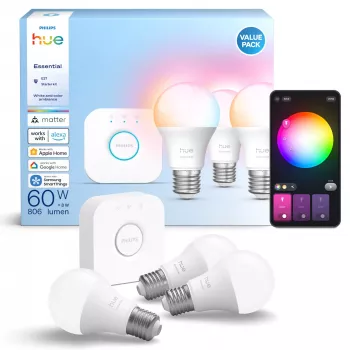 Smart lighting kit Philips Hue White and colour ambience Essential — 3× E27 smart bulbs, 806 lm, 8 W, Bluetooth/Zigbee