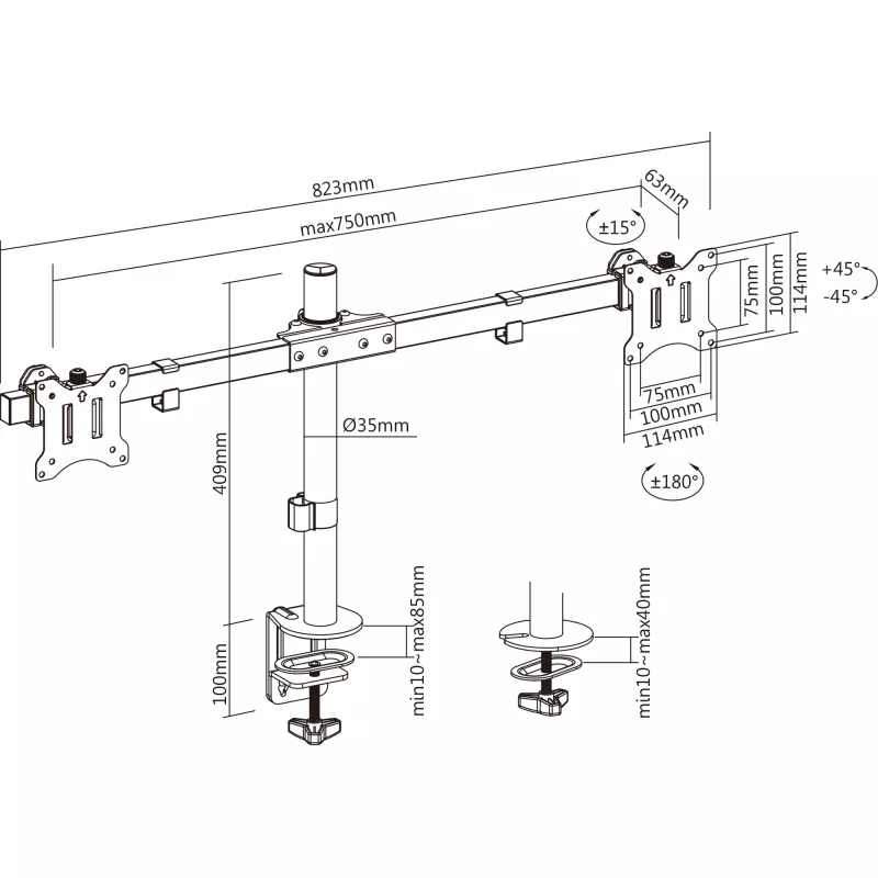 InLine Desk Mount for 2x LCD/LED Display up to 81cm 32 inch max. 9kg 23108E