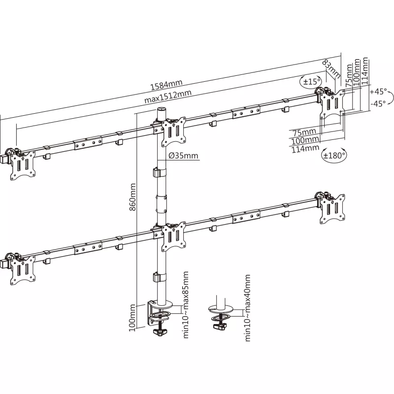 InLine Desk Bracket for 6x TV / LED / TFT Display up to 81cm 32 inch max. 7kg black