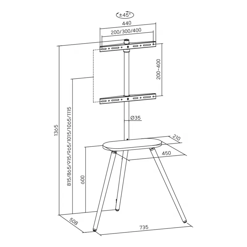 TV stand InLine 23133W for 43–65 inch screens with shelf, freestanding support
