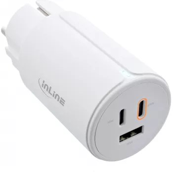 InLine USB PD power supply, GaN charger, 3-port, Dual USB-C + USB-A, 65W, white