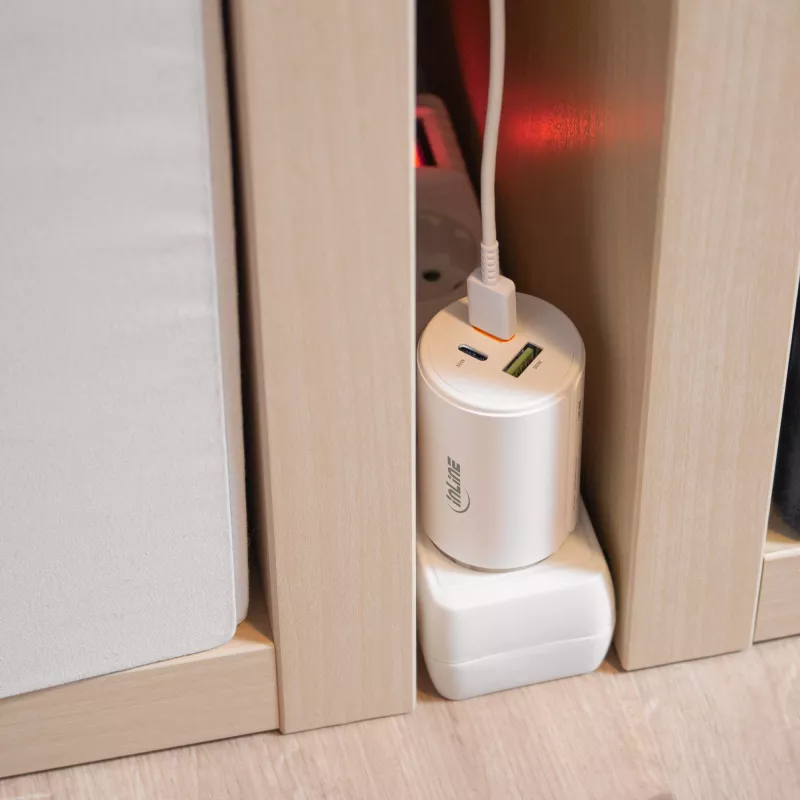 InLine USB PD power supply, GaN charger, 3-port, Dual USB-C + USB-A, 65W, white