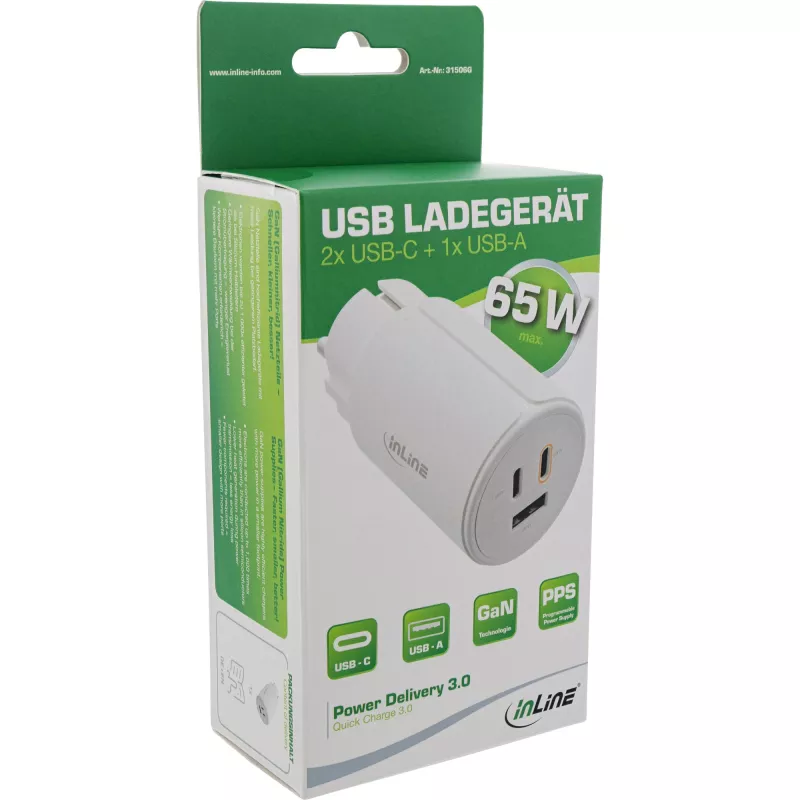 InLine USB PD power supply, GaN charger, 3-port, Dual USB-C + USB-A, 65W, white