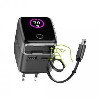 InLine USB power supply, 70W, GaN, USB-C PD + USB-A QC, cable 60cm, black