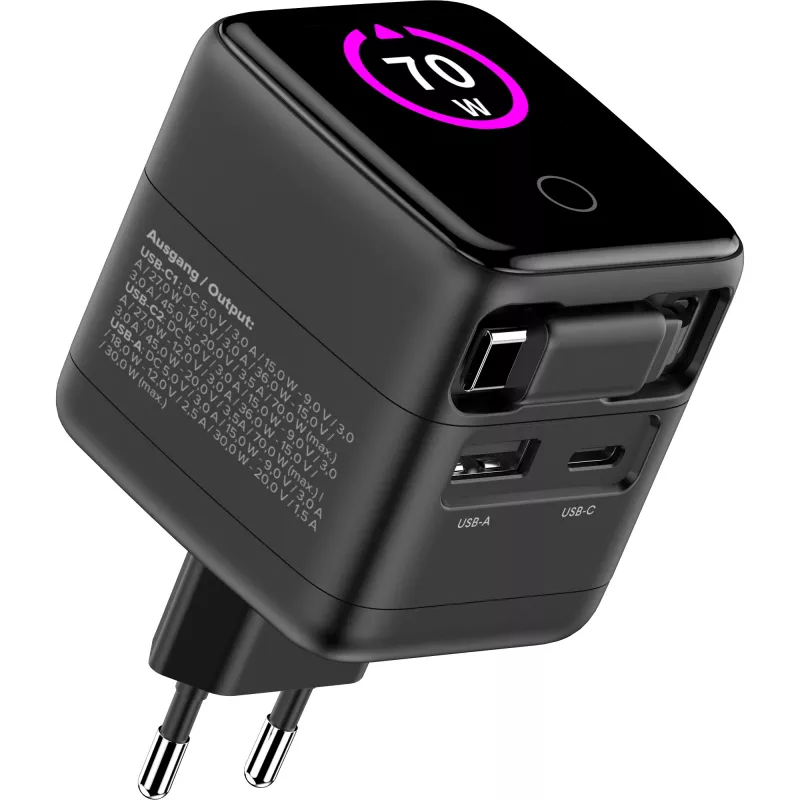 InLine USB power supply, 70W, GaN, USB-C PD + USB-A QC, cable 60cm, black