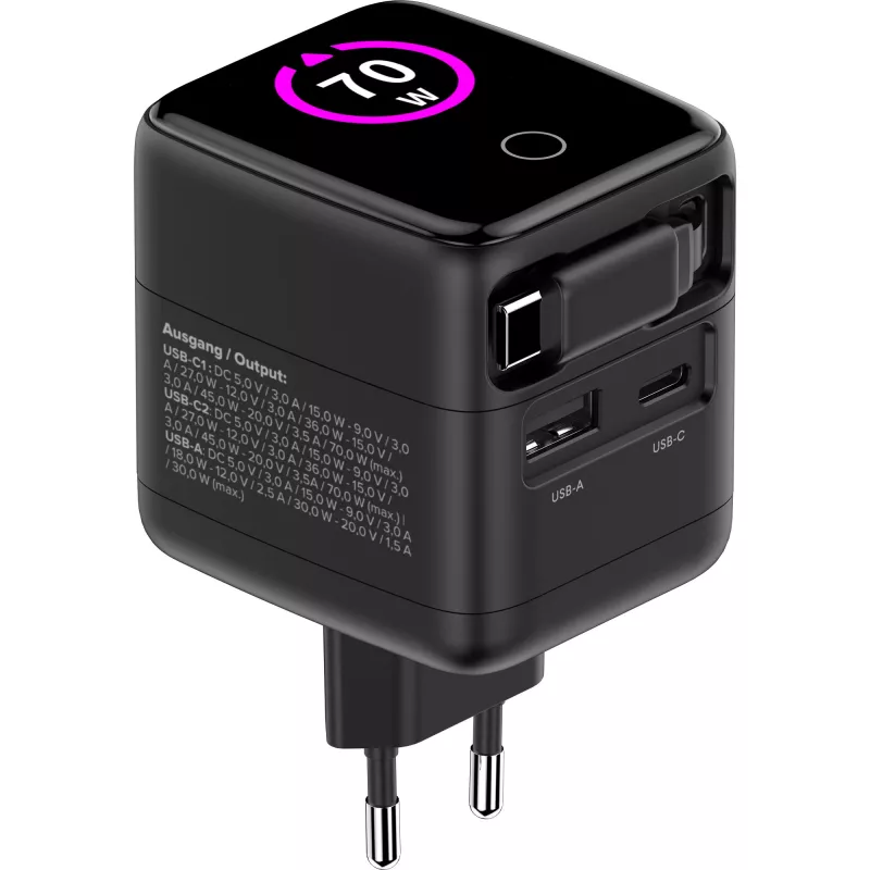 InLine USB power supply, 70W, GaN, USB-C PD + USB-A QC, cable 60cm, black