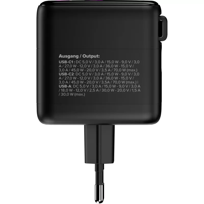 InLine USB power supply, 70W, GaN, USB-C PD + USB-A QC, cable 60cm, black