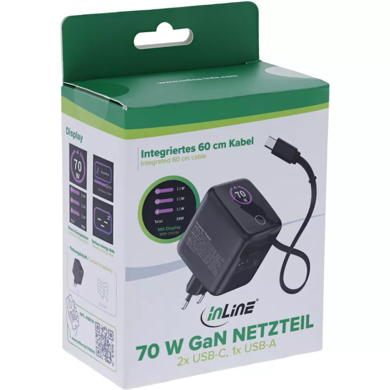 InLine USB power supply, 70W, GaN, USB-C PD + USB-A QC, cable 60cm, black