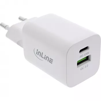 InLine USB power supply, charger USB-A + USB-C, 33W, PD + QC, white