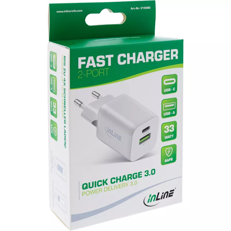 InLine USB power supply, charger USB-A + USB-C, 33W, PD + QC, white