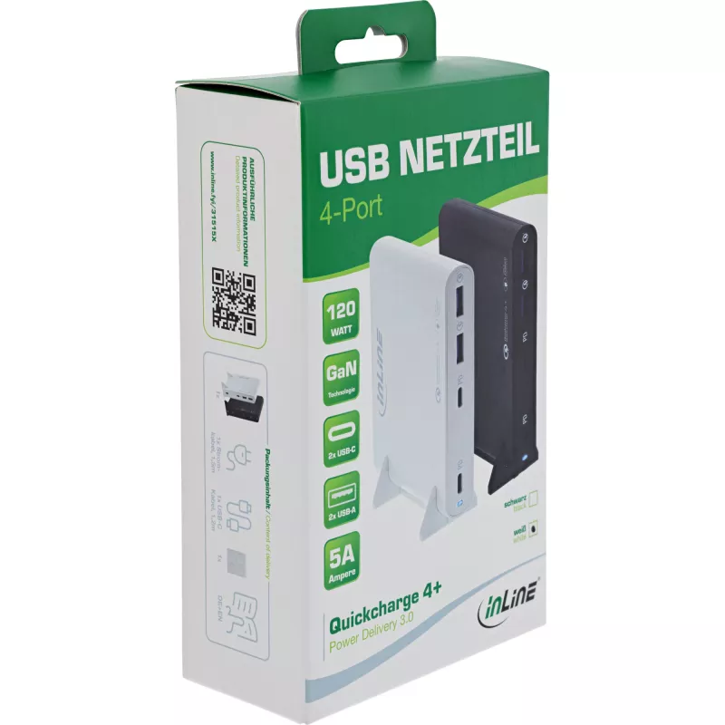 InLine USB power supply, GaN charger, 4-port, 2x USB-C + 2x USB-A, 120W, white