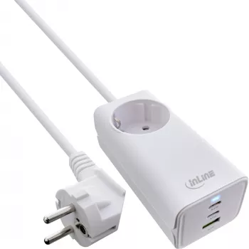 InLine USB power supply, GaN charger, 2x USB-C, 1x USB-A, PD 3.0, safety socket