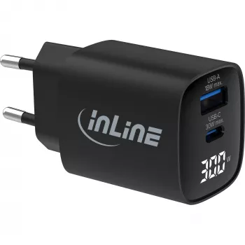 InLine USB PD power supply, GaN charger, 2-port, USB-C + USB-A, 30W, w/ display