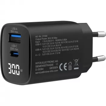 InLine USB PD power supply, GaN charger, 2-port, USB-C + USB-A, 30W, w/ display