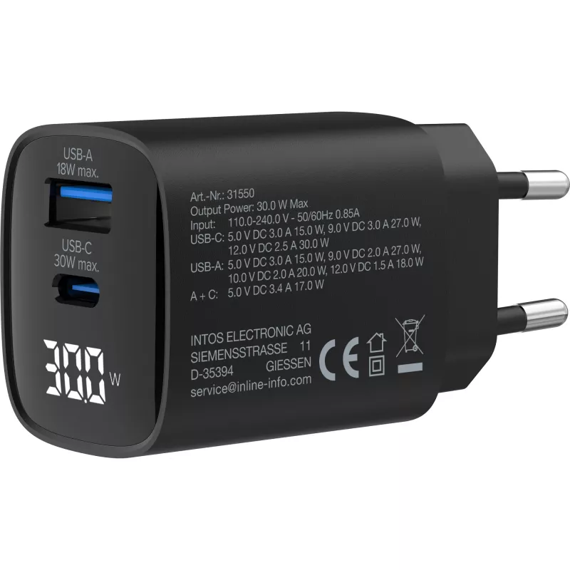 InLine USB PD power supply, GaN charger, 2-port, USB-C + USB-A, 30W, w/ display