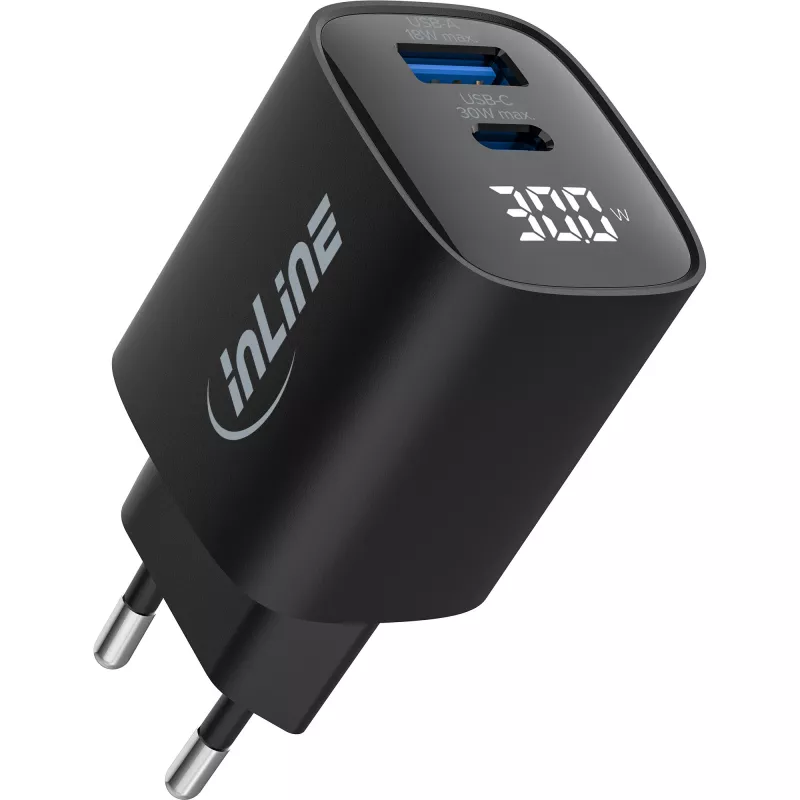 InLine USB PD power supply, GaN charger, 2-port, USB-C + USB-A, 30W, w/ display