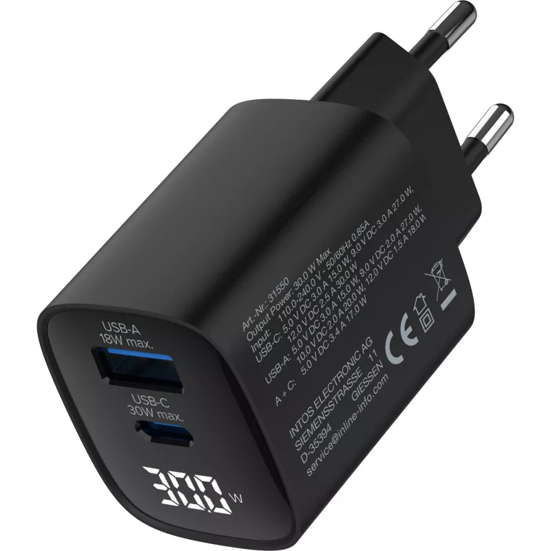 InLine USB PD power supply, GaN charger, 2-port, USB-C + USB-A, 30W, w/ display
