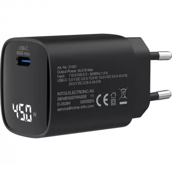 InLine USB PD power supply, GaN charger, 1-port, USB-C, 45W, with display