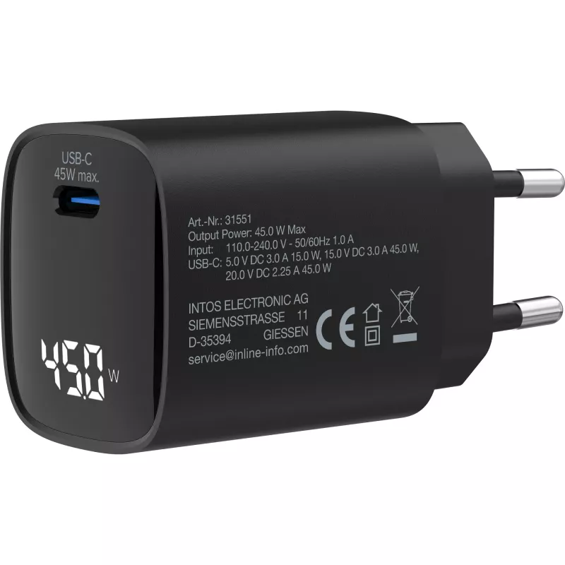 InLine USB PD power supply, GaN charger, 1-port, USB-C, 45W, with display