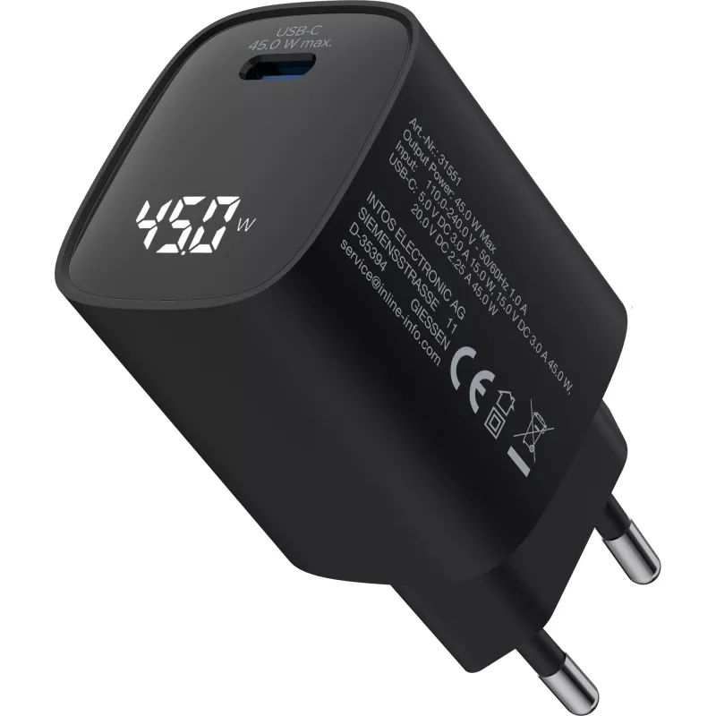 InLine USB PD power supply, GaN charger, 1-port, USB-C, 45W, with display