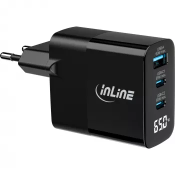 InLine USB PD power supply, GaN charger, 3-port, USB-C + USB-A, 65W, w/ display