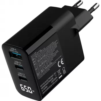 InLine USB PD power supply, GaN charger, 3-port, USB-C + USB-A, 65W, w/ display