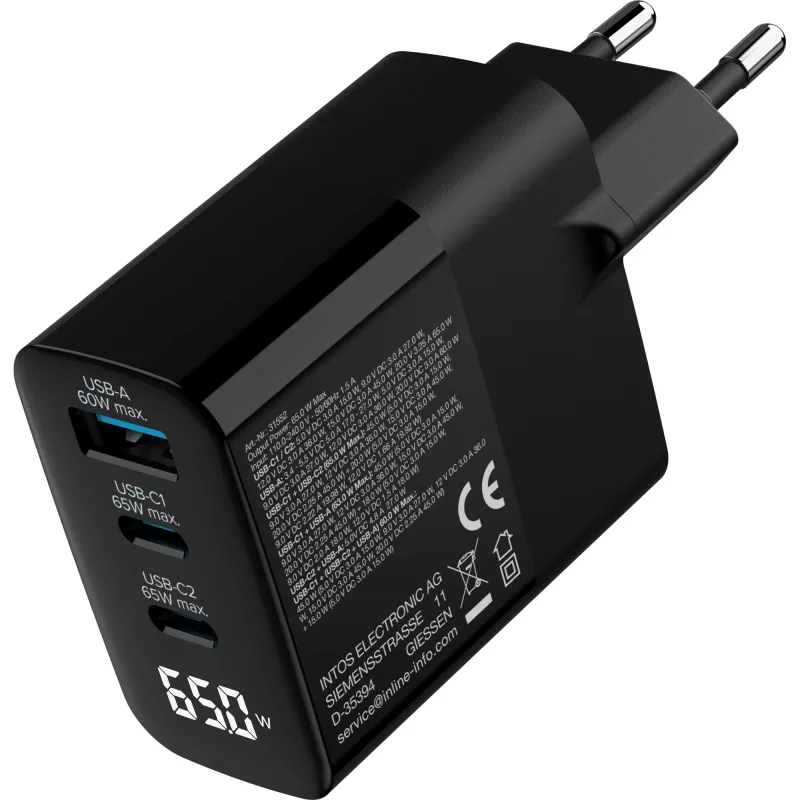 InLine USB PD power supply, GaN charger, 3-port, USB-C + USB-A, 65W, w/ display