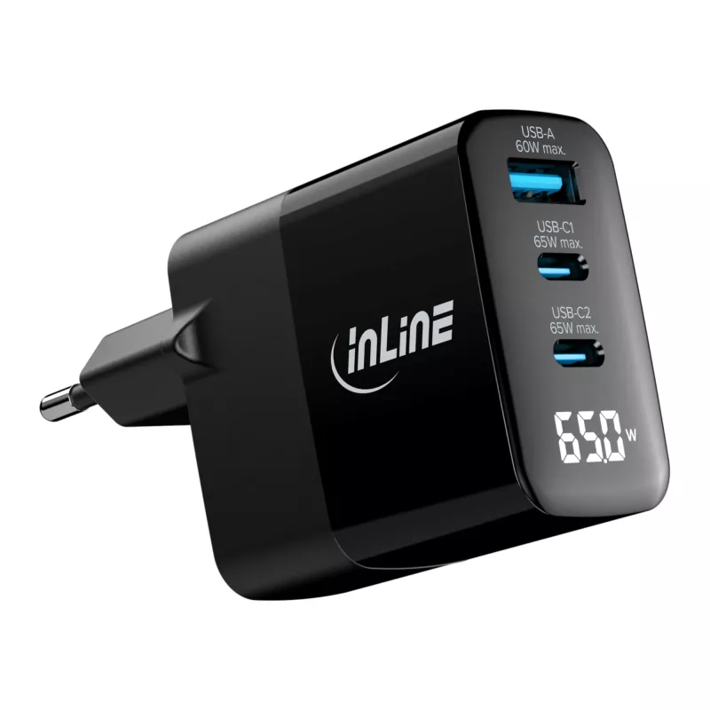 InLine USB PD power supply, GaN charger, 3-port, USB-C + USB-A, 65W, w/ display