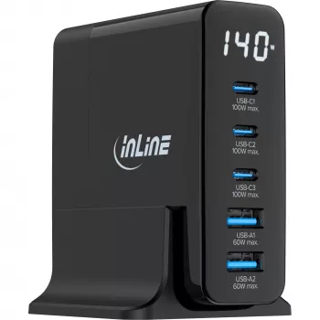 InLine USB PD power supply, GaN charger, 5-port, USB-C + USB-A, 140W, w/display